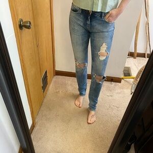 Blank NYC straight leg distressed bleach wash slub jeans